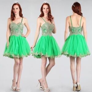 MY Fashion 1547 Green with Gold Lace Dress